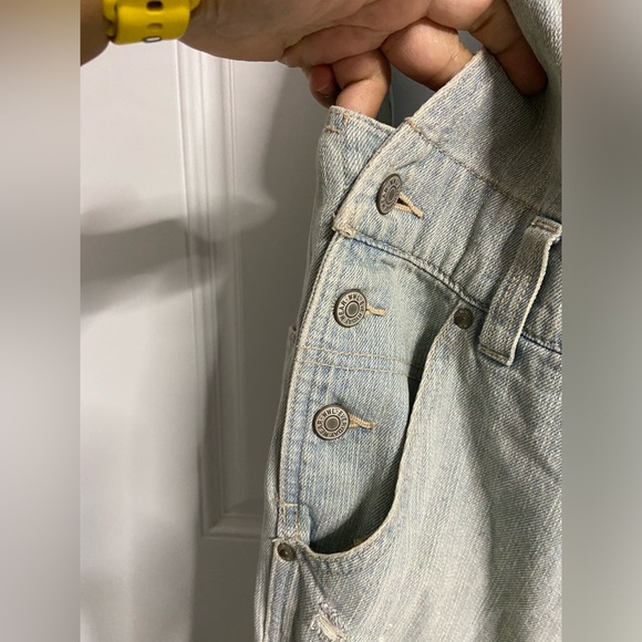 3- WORLD WIDE LOVE Light Wash Distressed Chambray Bib Overall - Picture 5 of 9